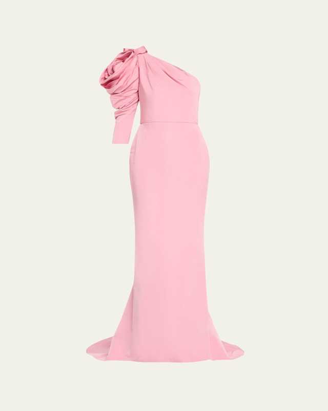 One-Shoulder 3D Floral Silk Faille Trumpet Gown